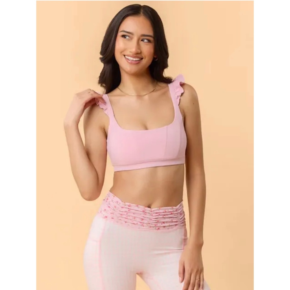 Blogilates Pink Ruffle Strap Sports Bra Small NWT Recycled Polyester Spandex